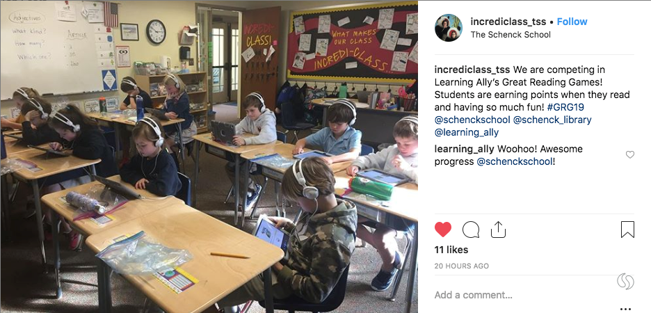Instagram photo of The Schneck School classroom. Students reading audiobooks intently. 